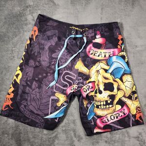 Ed Hardy Men's 34 Death or Glory Skull Surf or Die Tattoo Print Board Shorts Y2K
